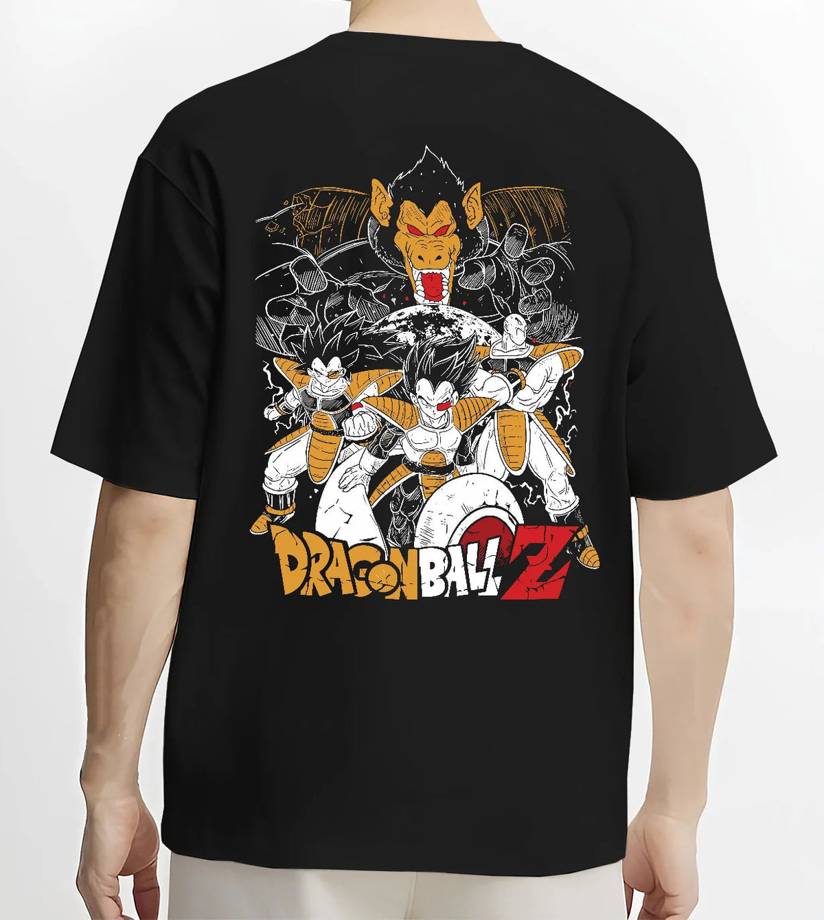 Black T-shirt model back view showing Vegeta from Dragon Ball: Saiyan forms and warriors collage