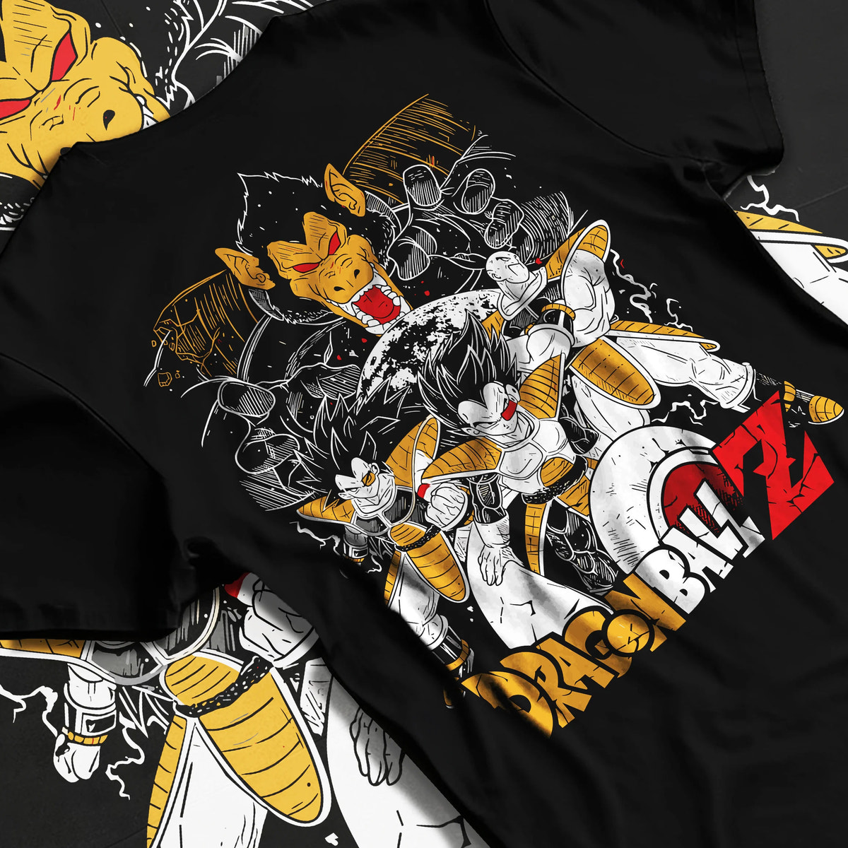 Black T-shirt flat back view showing Vegeta from Dragon Ball: Saiyan forms and warriors collage