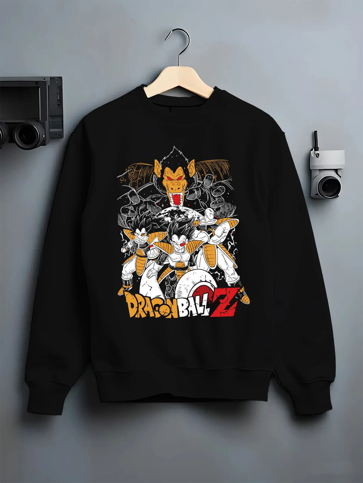 Black crewneck sweatshirt on hanger showing Vegeta from Dragon Ball: Saiyan forms and warriors collage