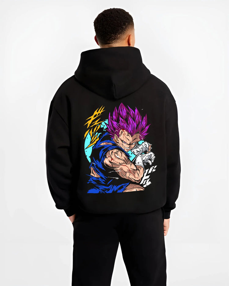 Black hoodie model back view showing Vegeta from Dragon Ball: Ultra Ego purple-haired power pose