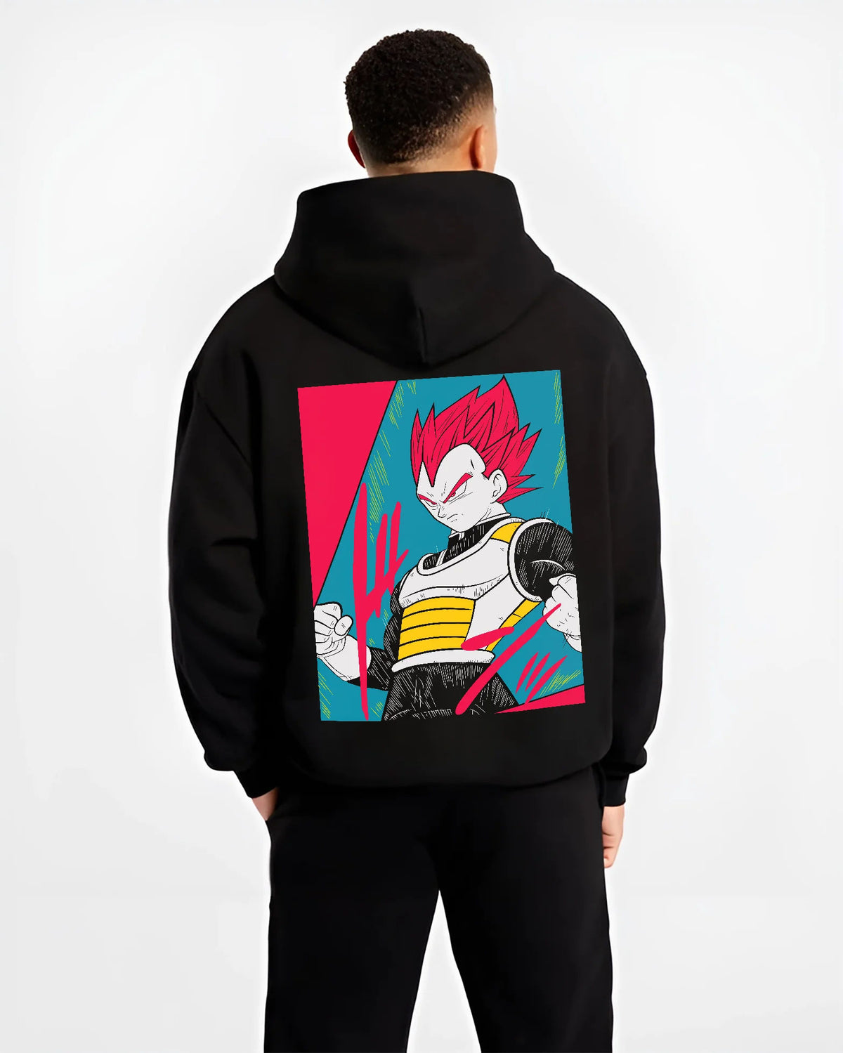 Black hoodie model back view showing Vegeta from Dragon Ball: red-haired Super Saiyan God form