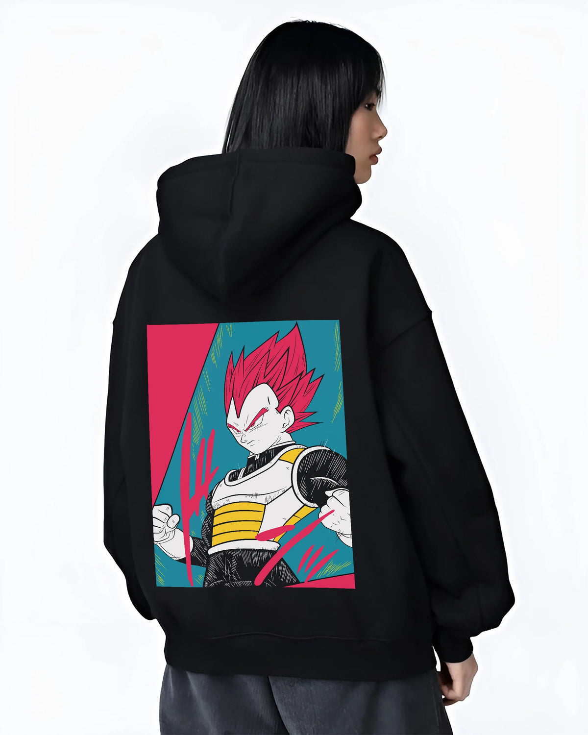 Black hoodie female model back view showing Vegeta from Dragon Ball: red-haired Super Saiyan God form