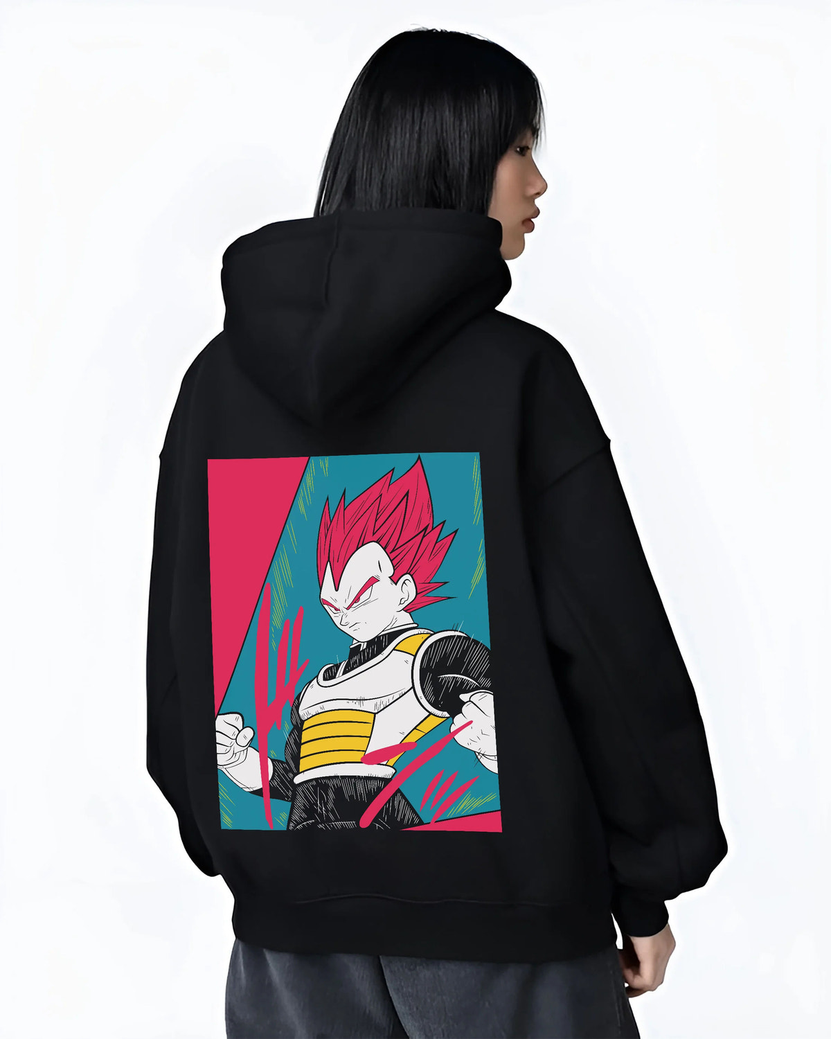Black hoodie female model back view showing Vegeta from Dragon Ball: red-haired Super Saiyan God form
