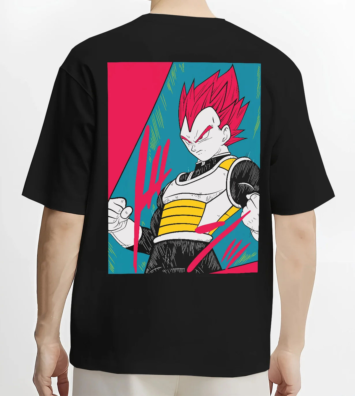Black T-shirt model back view showing Vegeta from Dragon Ball: red-haired Super Saiyan God form
