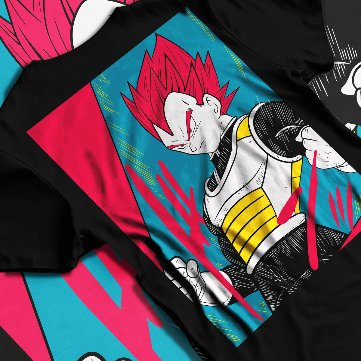 Black T-shirt flat back view showing Vegeta from Dragon Ball: red-haired Super Saiyan God form