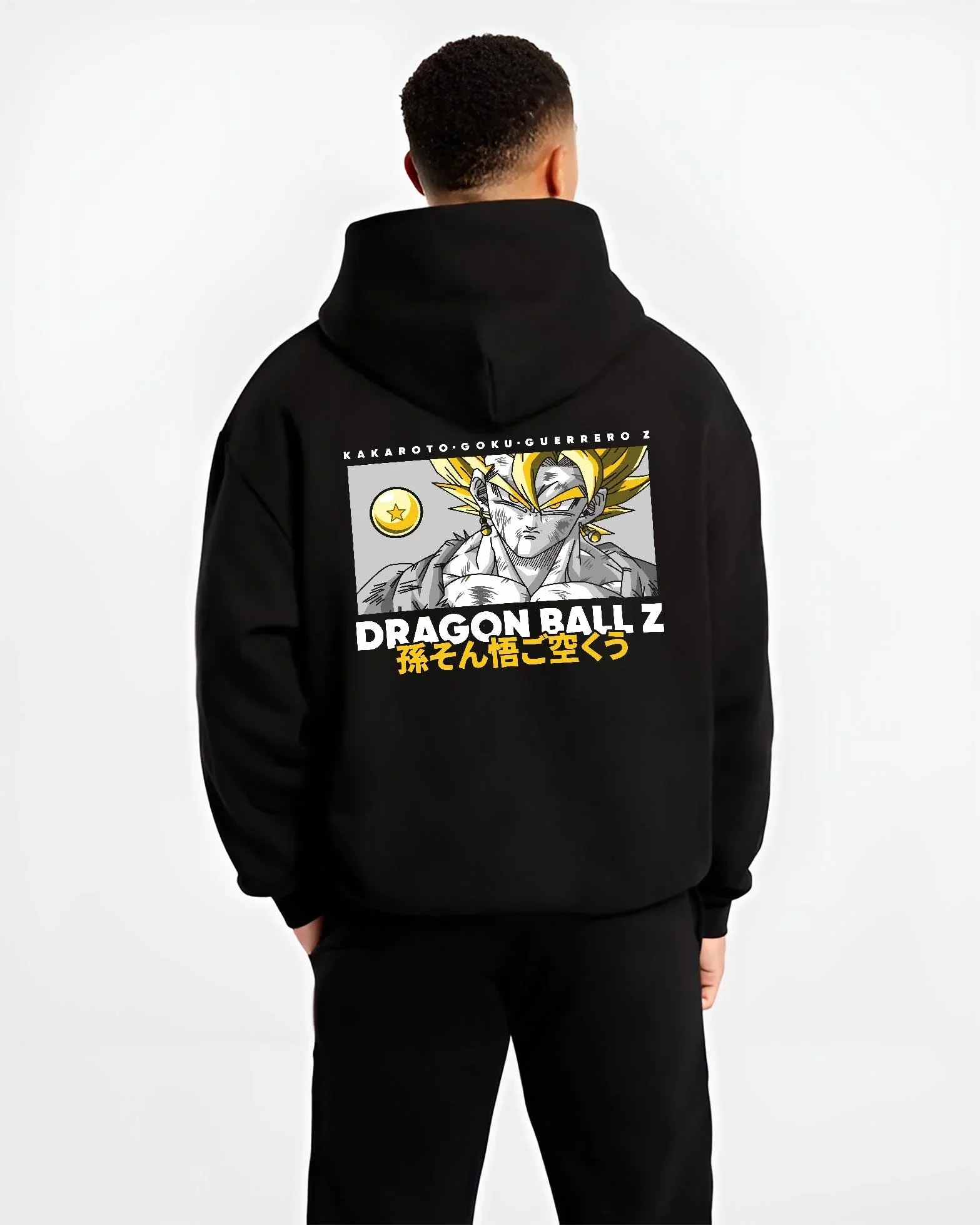 Black hoodie worn by male model, back view with Goku Vegeta Hoodie Dragon Ball Z Super Fusion Form graphic bold anime graphic.
