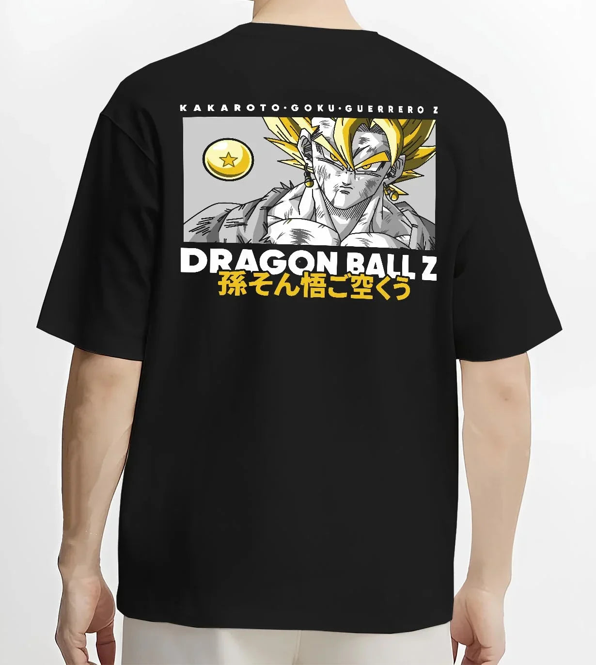 Black T-shirt worn by male model, back view with Goku Vegeta Hoodie Dragon Ball Z Super Fusion Form graphic bold anime graphic.