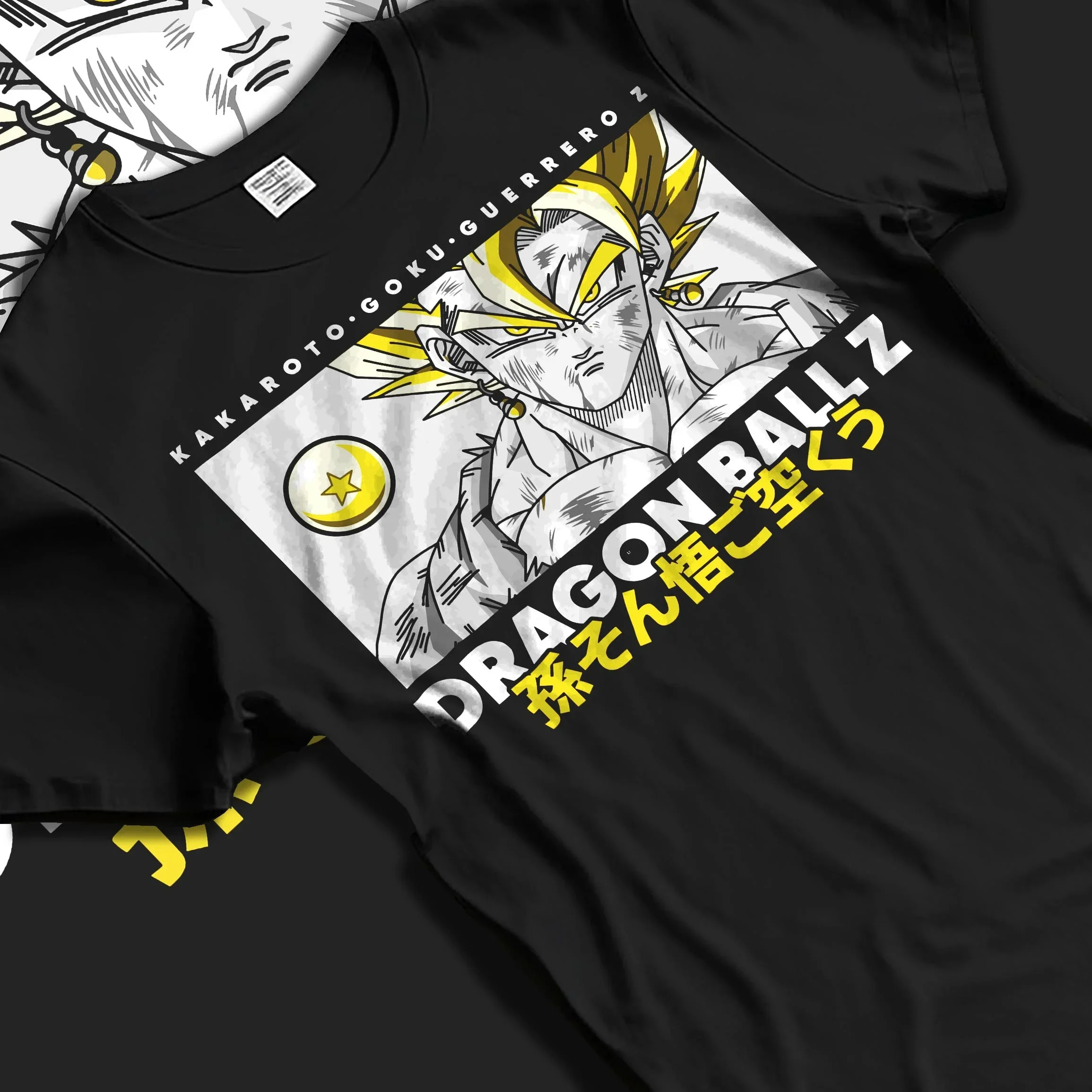 Black T-shirt laid flat with natural folds with Goku Vegeta Hoodie Dragon Ball Z Super Fusion Form graphic bold anime graphic.