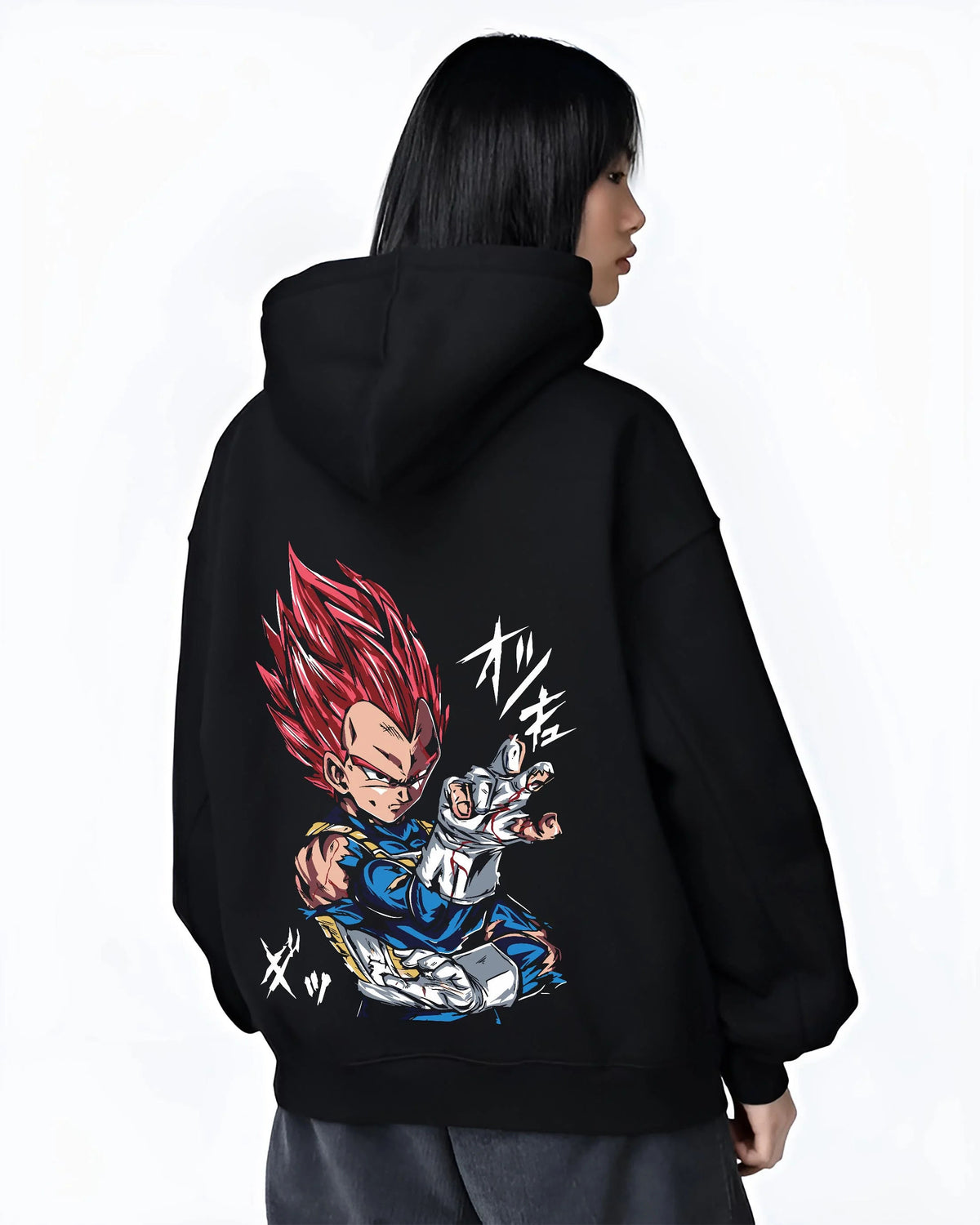 Black hoodie worn by female model from the back featuring Vegeta Super Saiyan God red aura Dragon Ball Super artwork.