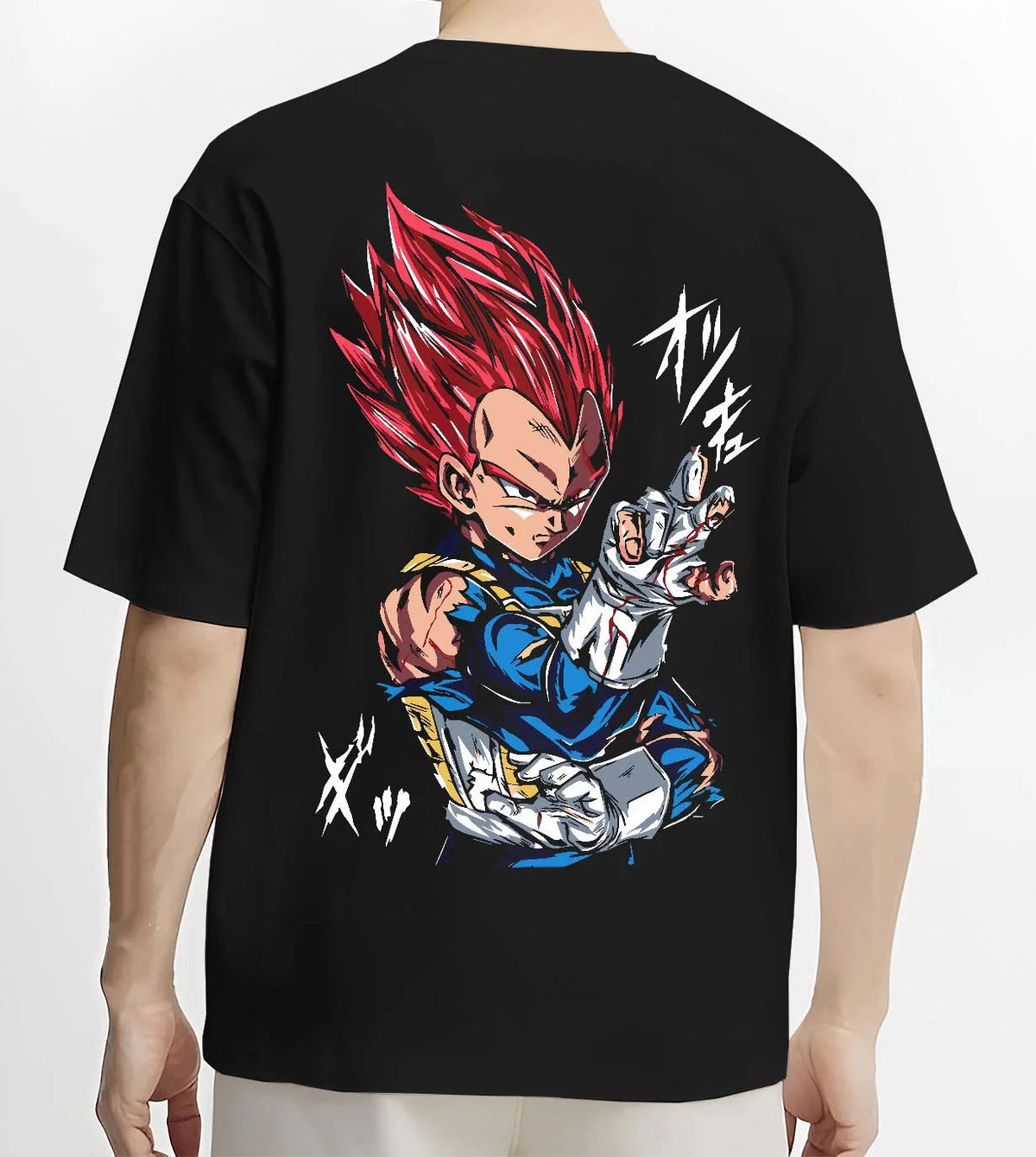 Black T-shirt worn by male model from the back featuring Vegeta Super Saiyan God red aura Dragon Ball Super artwork.
