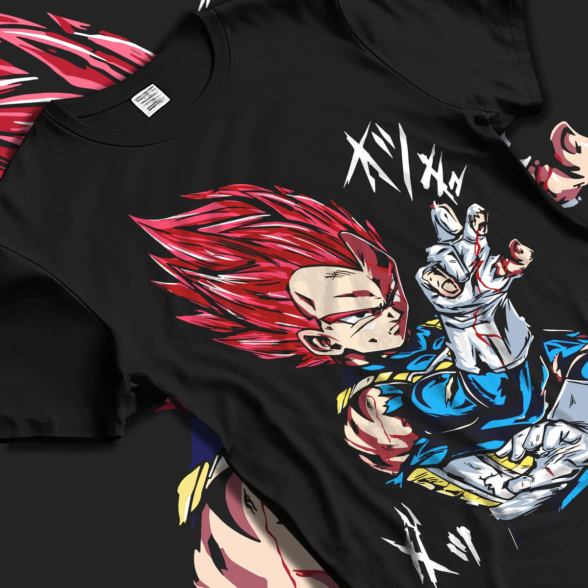 Black T-shirt laid flat with natural folds featuring Vegeta Super Saiyan God red aura Dragon Ball Super artwork.