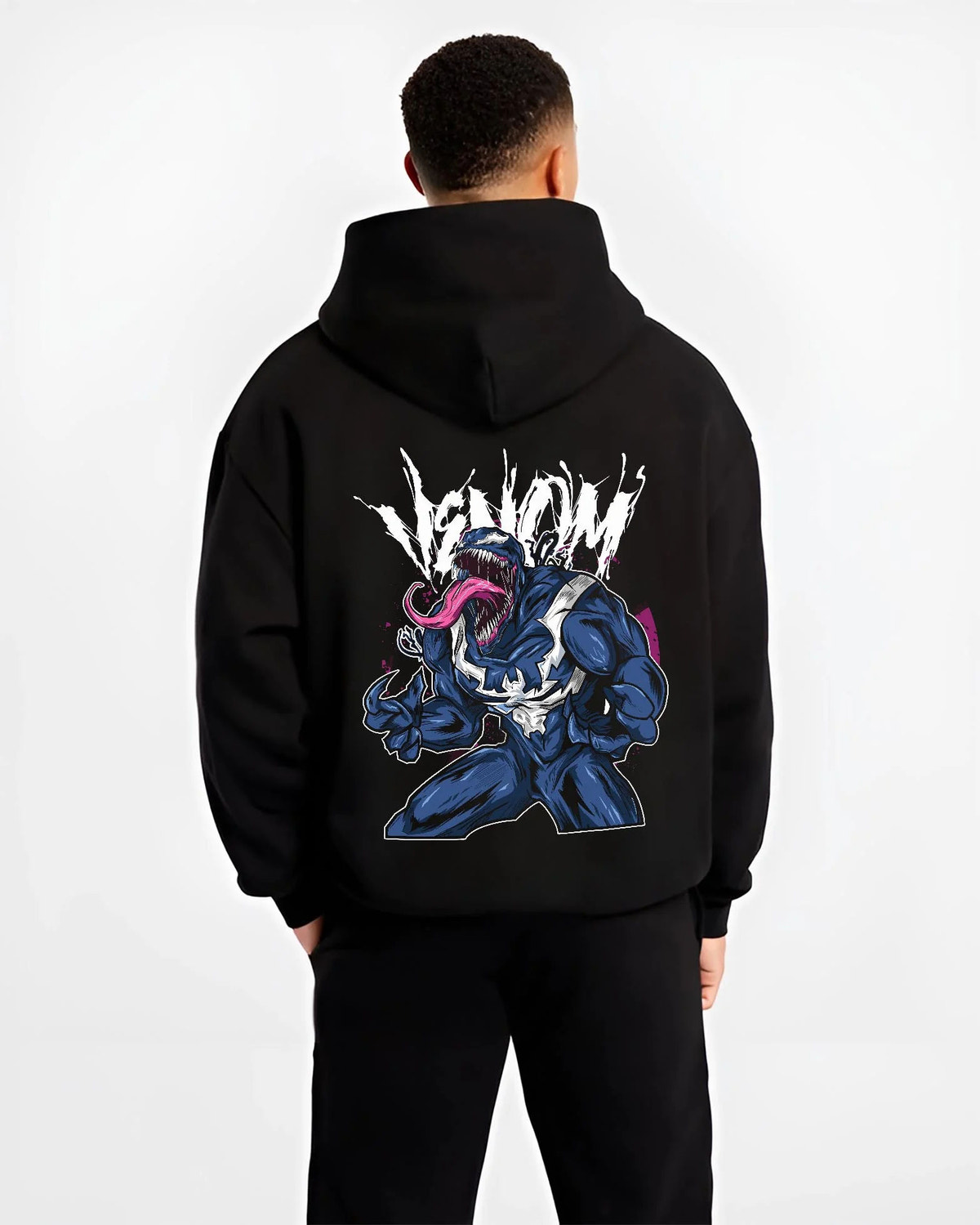 Black hoodie worn by male model from the back featuring Venom black symbiote Lethal Protector Marvel artwork.