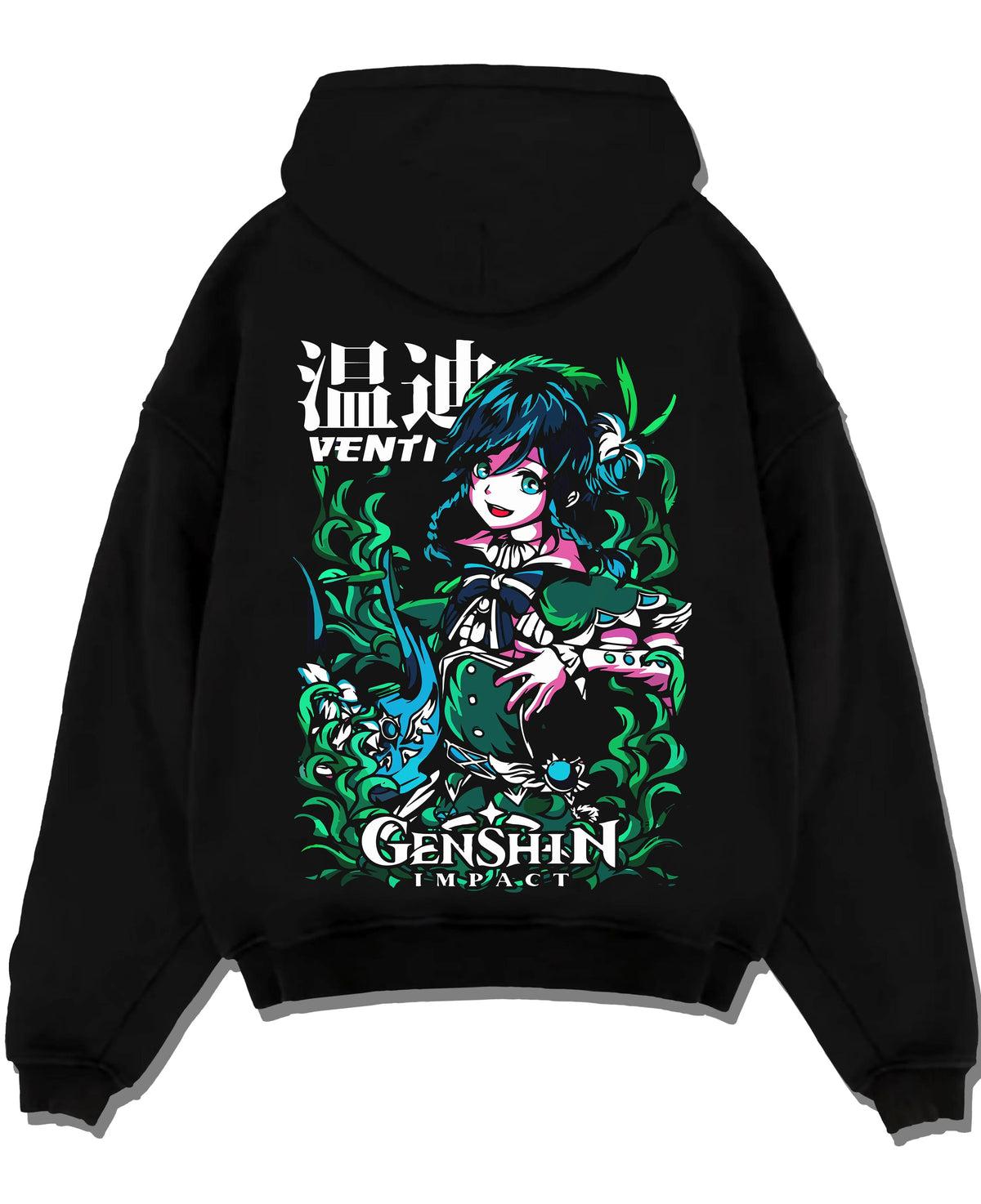Black hoodie laid flat featuring Venti Anemo Archon wind power Genshin Impact artwork.