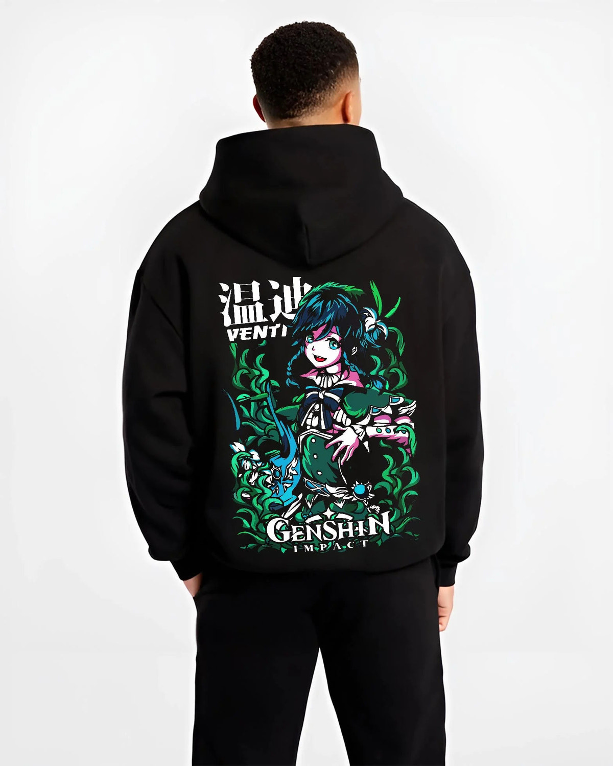 Black hoodie worn by male model from the back featuring Venti Anemo Archon wind power Genshin Impact artwork.