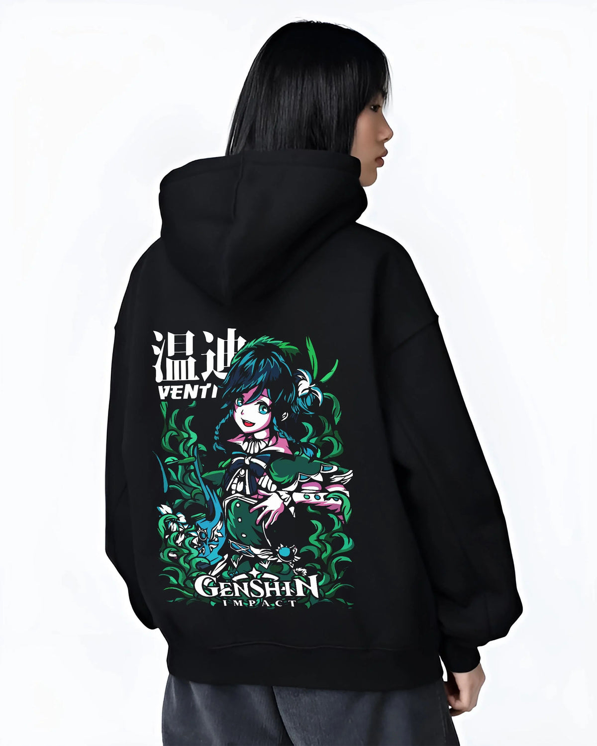 Black hoodie worn by female model from the back featuring Venti Anemo Archon wind power Genshin Impact artwork.