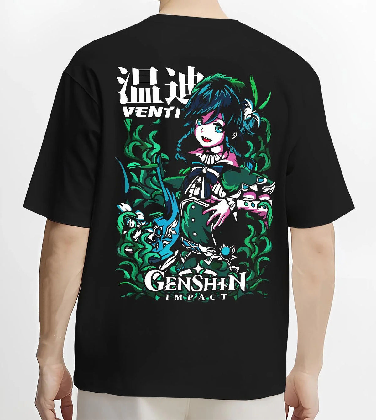 Black T-shirt worn by male model from the back featuring Venti Anemo Archon wind power Genshin Impact artwork.
