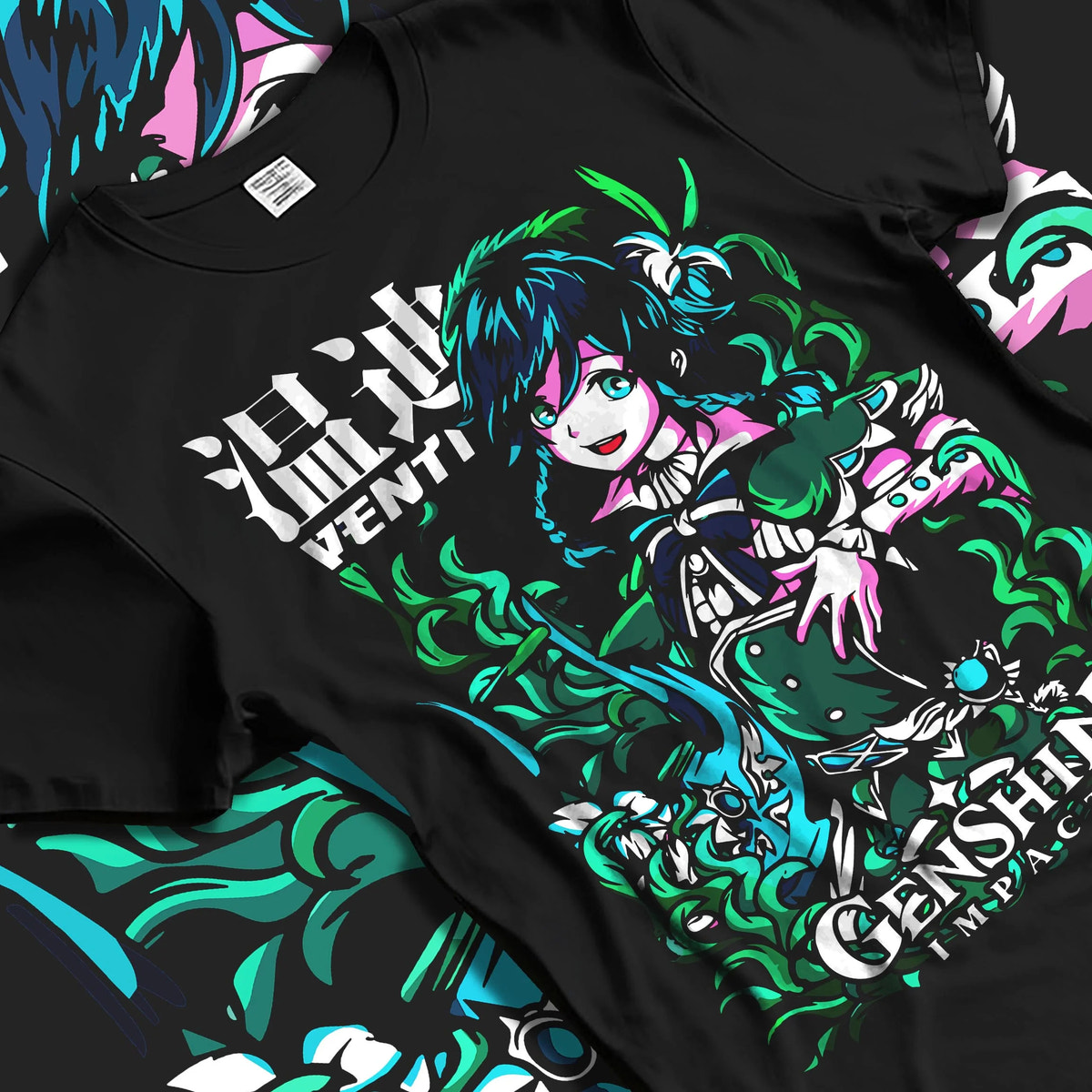 Black T-shirt laid flat with natural folds featuring Venti Anemo Archon wind power Genshin Impact artwork.