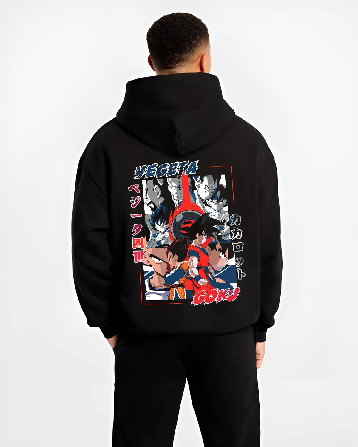 Black hoodie worn by male model from the back featuring Vegeta and Goku Saiyan rival clash Dragon Ball artwork.