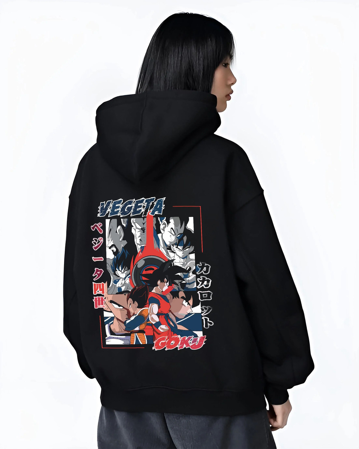 Black hoodie worn by female model from the back featuring Vegeta and Goku Saiyan rival clash Dragon Ball artwork.