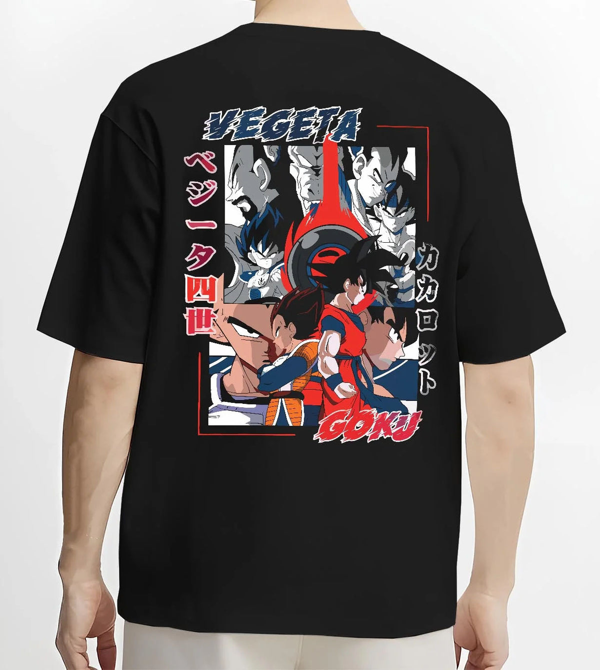 Black T-shirt worn by male model from the back featuring Vegeta and Goku Saiyan rival clash Dragon Ball artwork.