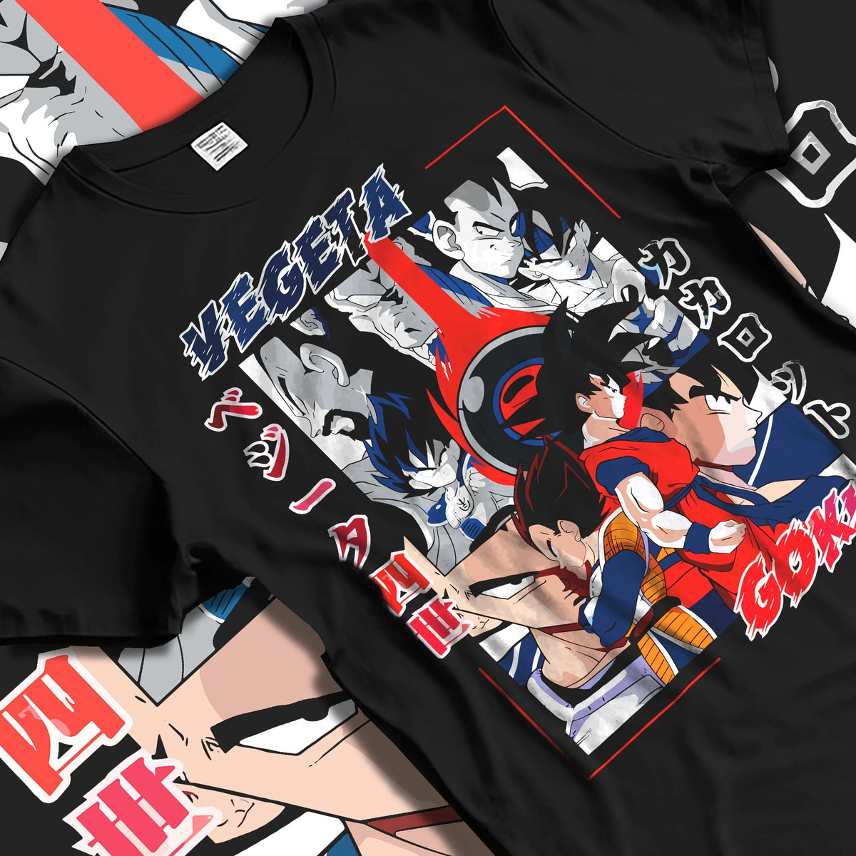 Black T-shirt laid flat with natural folds featuring Vegeta and Goku Saiyan rival clash Dragon Ball artwork.