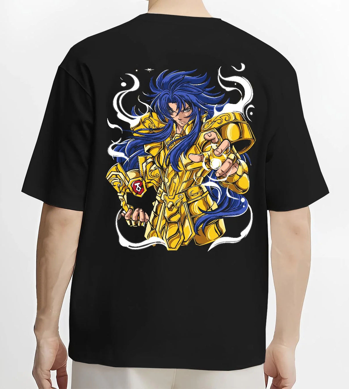 Black T-shirt worn by male model from the back featuring Gemini Saga Gold Saint cosmos power Saint Seiya artwork.
