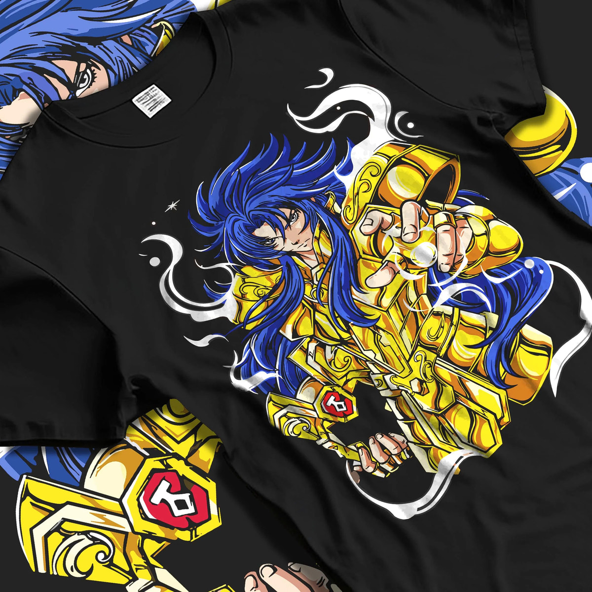Black T-shirt laid flat with natural folds featuring Gemini Saga Gold Saint cosmos power Saint Seiya artwork.