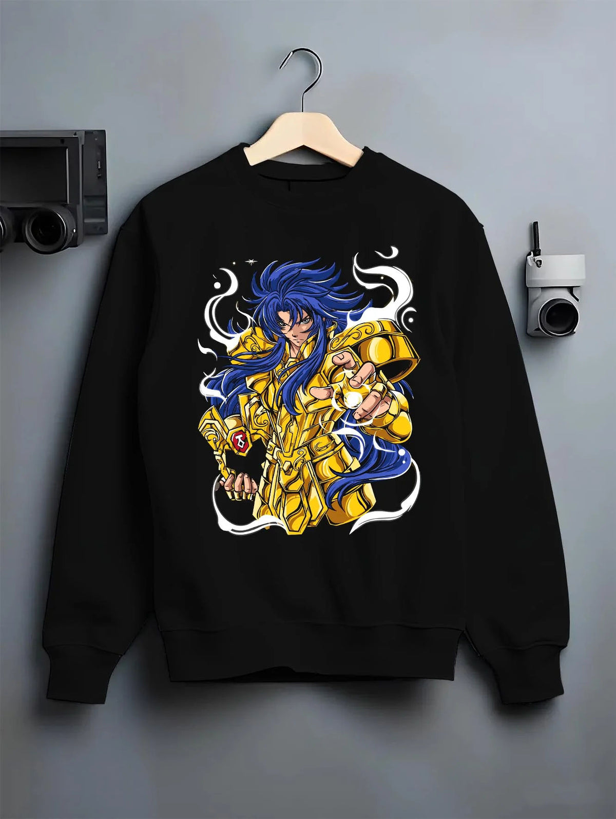 Black crewneck sweatshirt on hanger featuring Gemini Saga Gold Saint cosmos power Saint Seiya artwork.