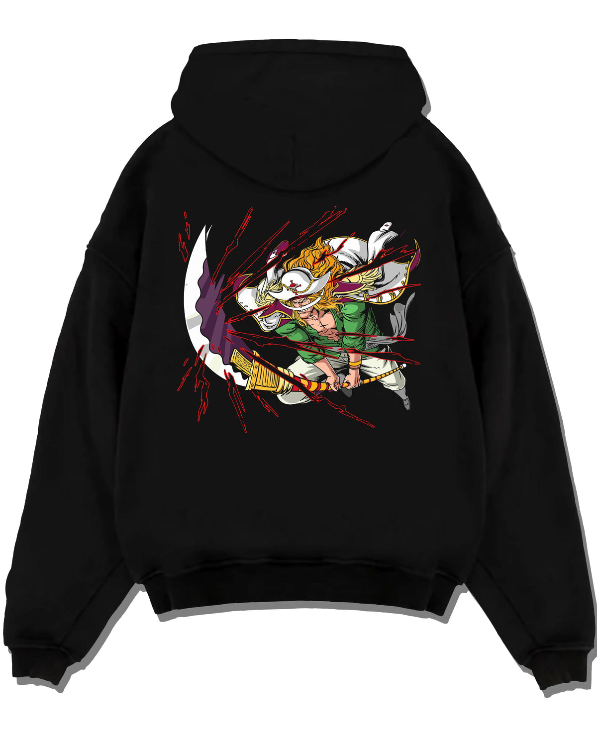 Black hoodie laid flat featuring Whitebeard Tremor Fruit emperor power One Piece artwork.