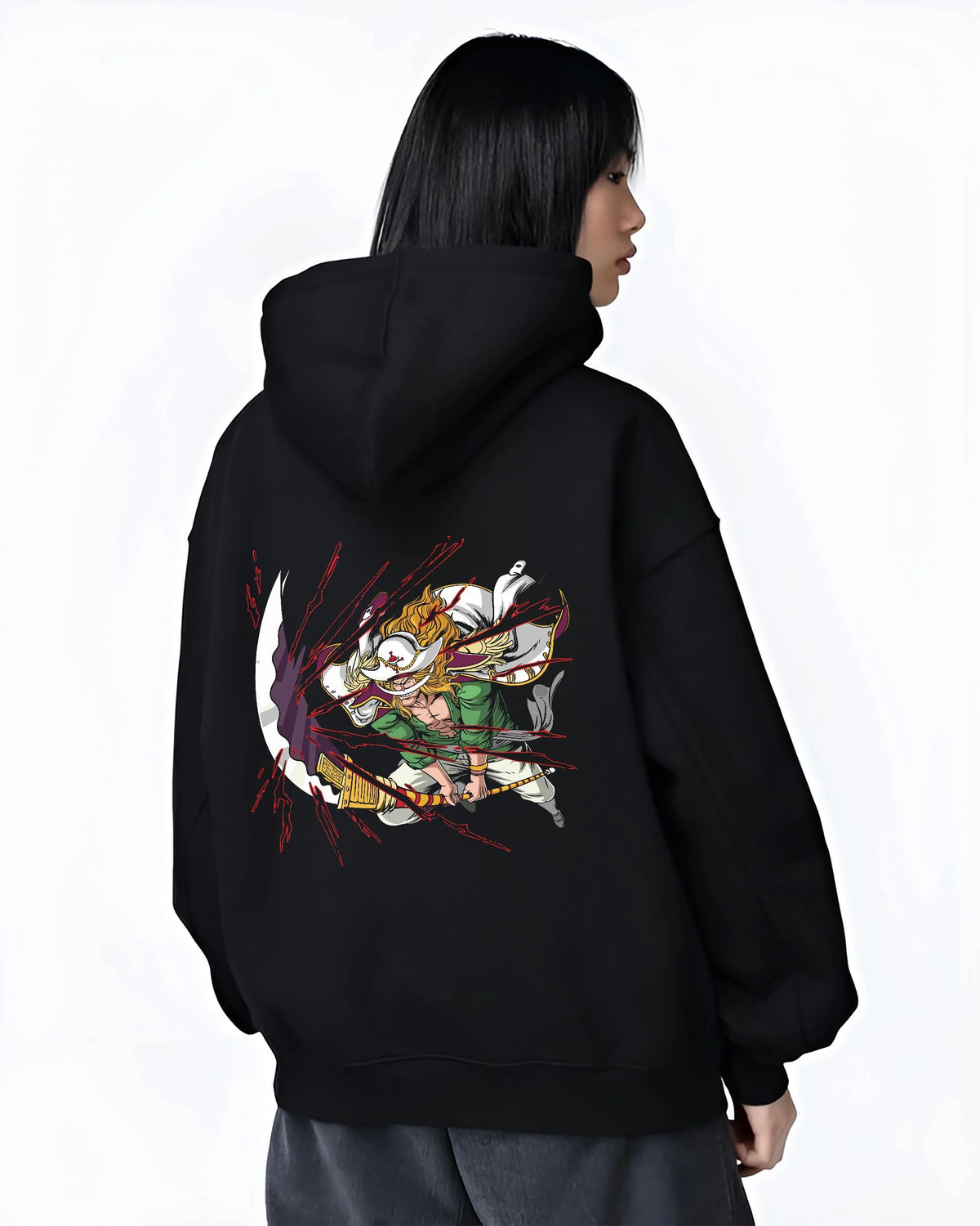 Black hoodie worn by female model from the back featuring Whitebeard Tremor Fruit emperor power One Piece artwork.