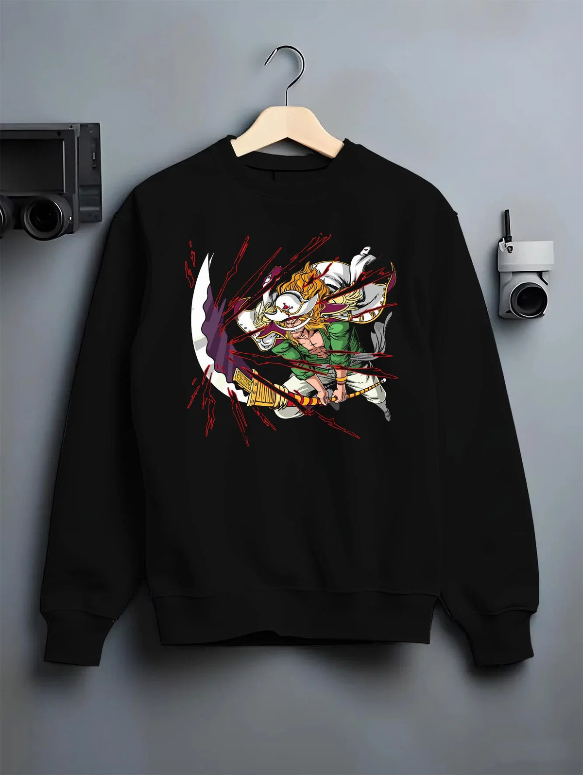 Black crewneck sweatshirt on hanger featuring Whitebeard Tremor Fruit emperor power One Piece artwork.