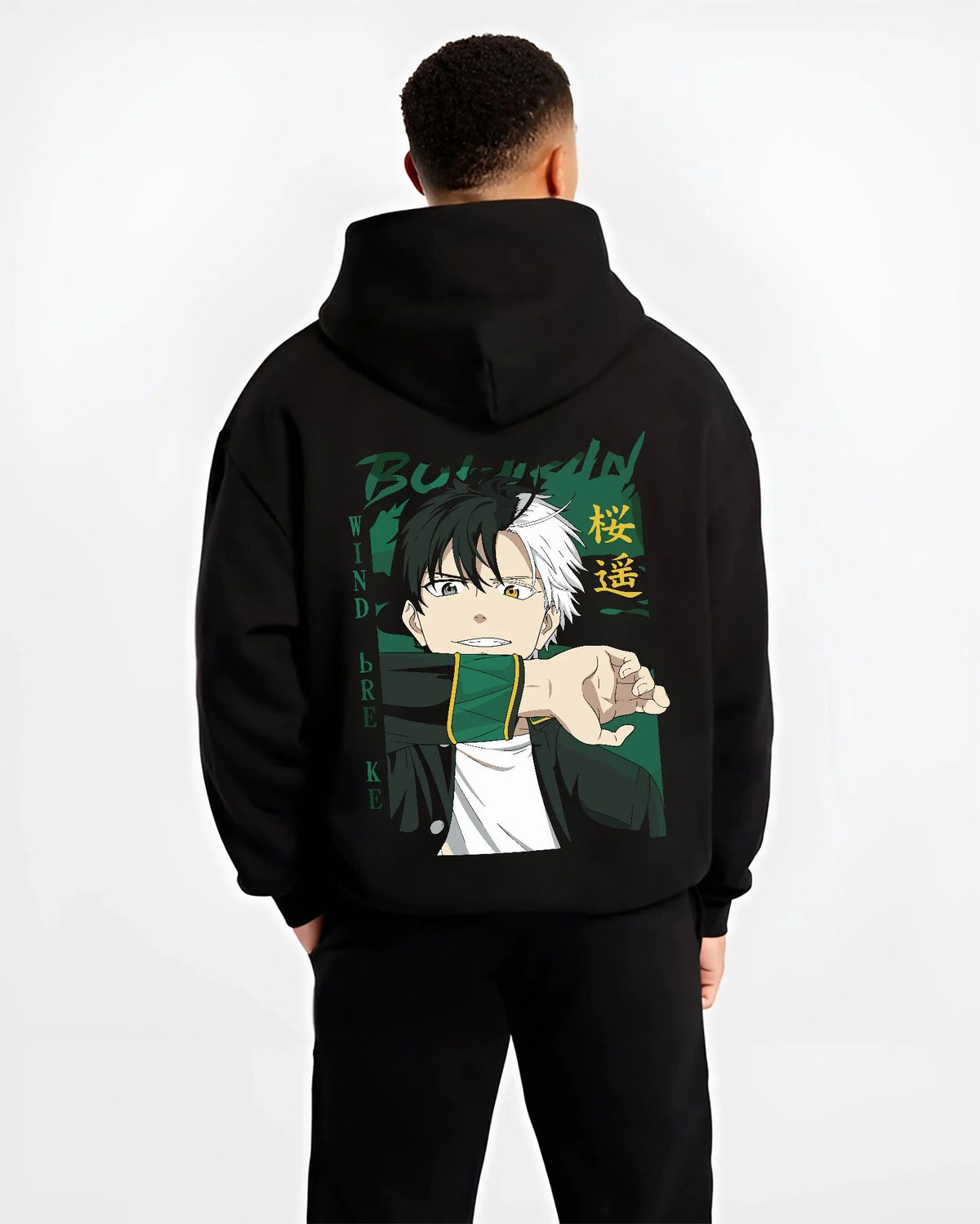 Black hoodie worn by male model from the back featuring Haruka Sakura Bofurin street fight Wind Breaker artwork.