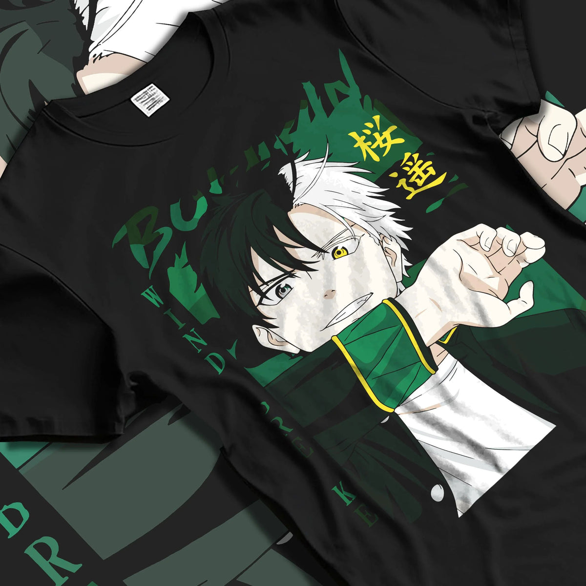 Black T-shirt laid flat with natural folds featuring Haruka Sakura Bofurin street fight Wind Breaker artwork.
