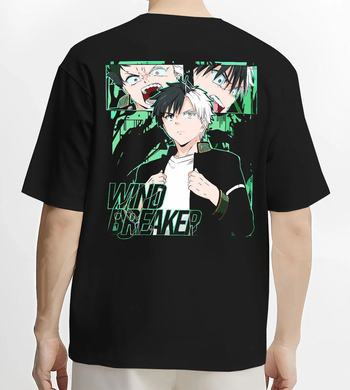 Black T-shirt worn by male model from the back featuring Haruka Sakura Bofurin fighter portrait Wind Breaker artwork.