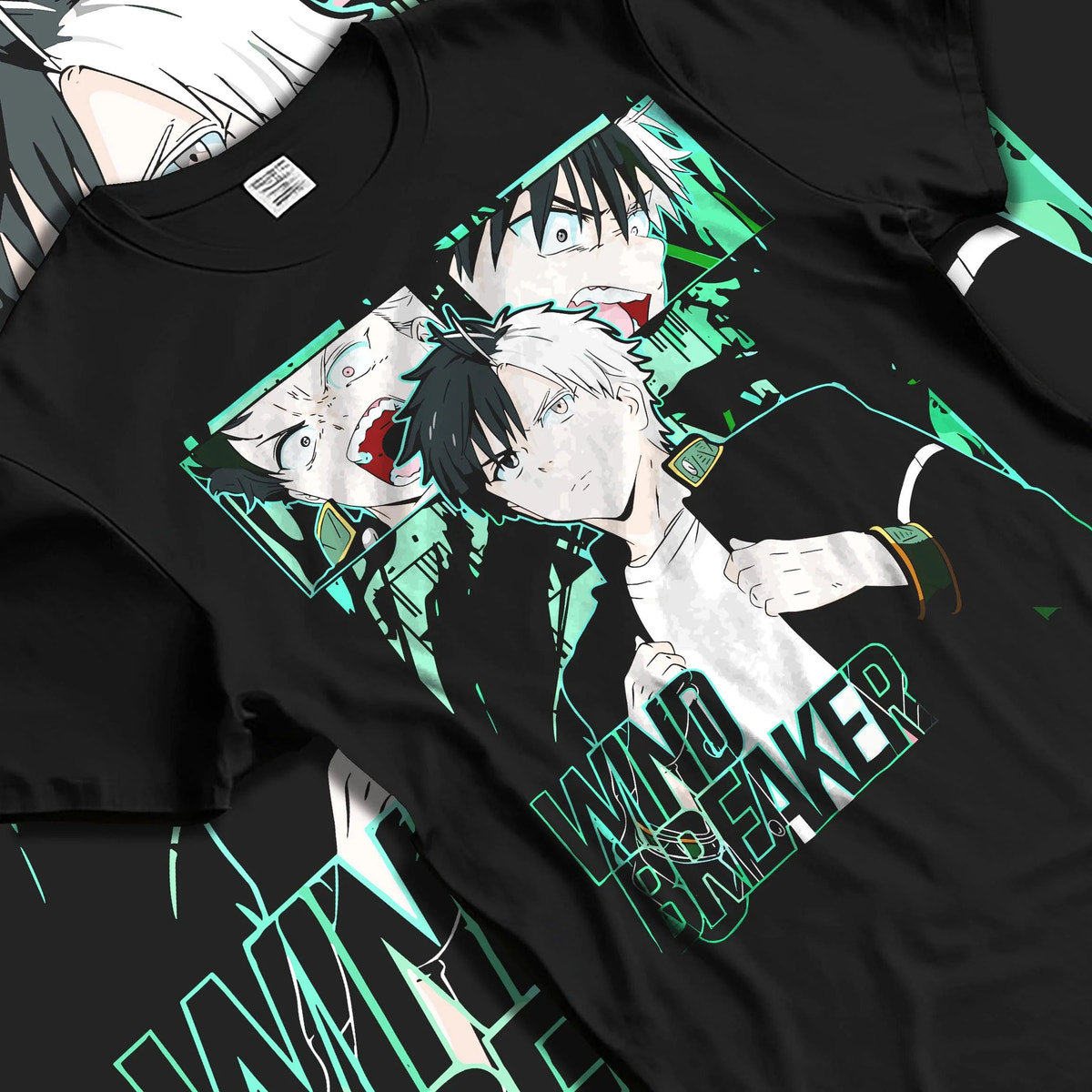 Black T-shirt laid flat with natural folds featuring Haruka Sakura Bofurin fighter portrait Wind Breaker artwork.