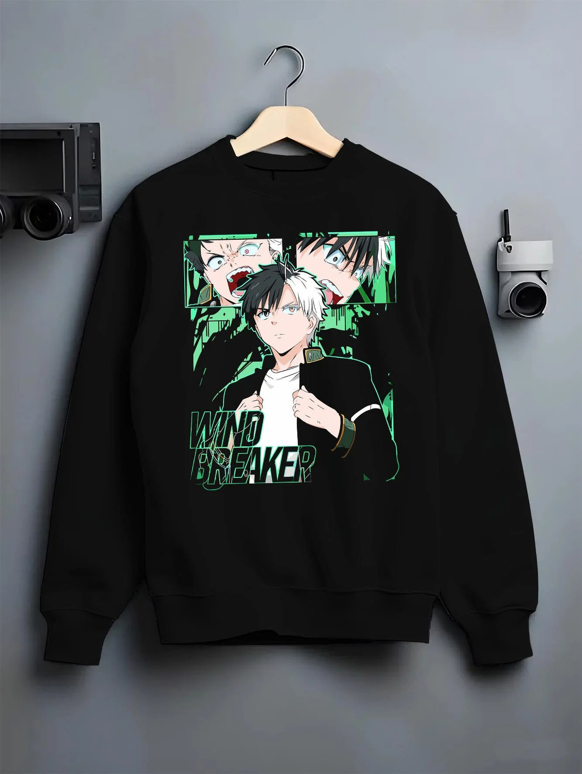 Black crewneck sweatshirt on hanger featuring Haruka Sakura Bofurin fighter portrait Wind Breaker artwork.