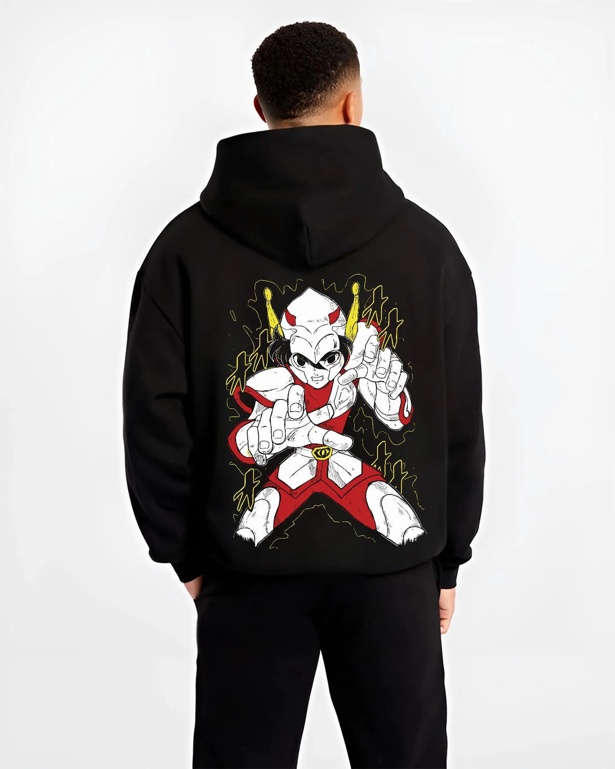 Black hoodie worn by male model from the back featuring Kamen Rider white form masked hero artwork.