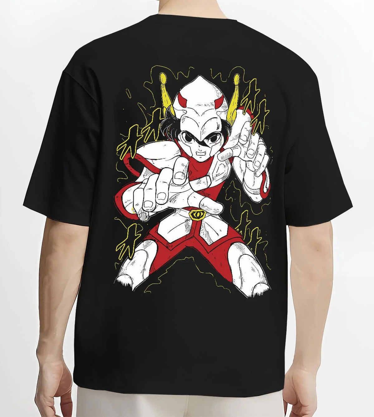 Black T-shirt worn by male model from the back featuring Kamen Rider white form masked hero artwork.