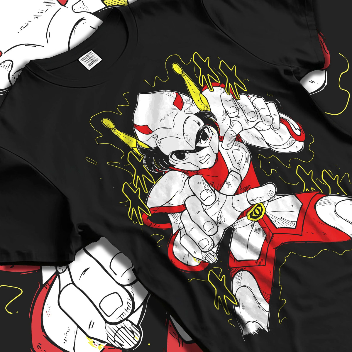 Black T-shirt laid flat with natural folds featuring Kamen Rider white form masked hero artwork.