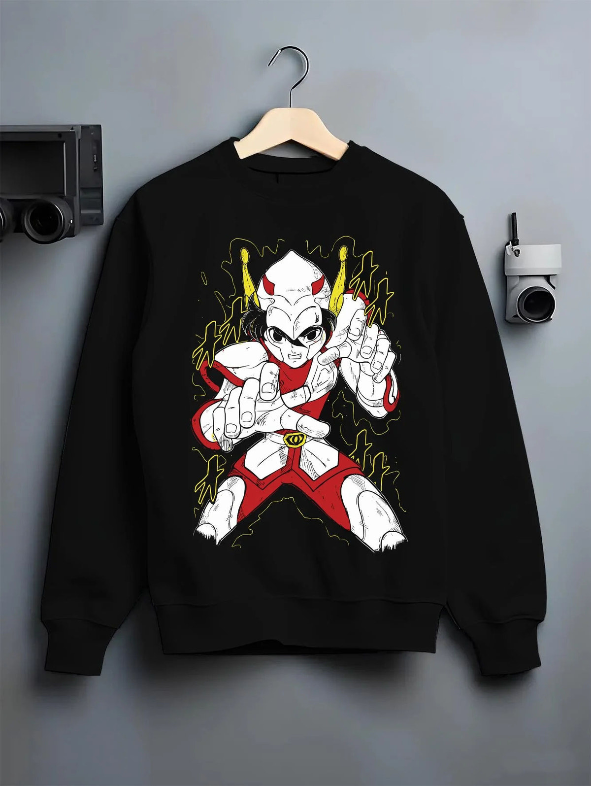 Black crewneck sweatshirt on hanger featuring Kamen Rider white form masked hero artwork.