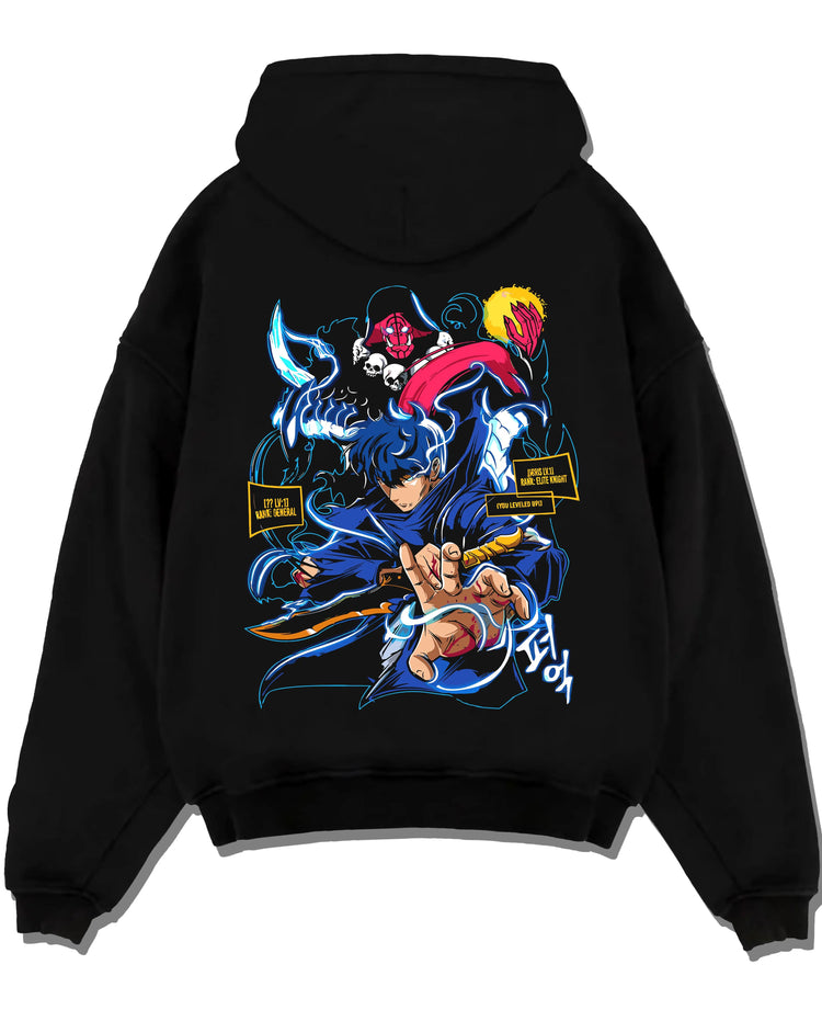 Black hoodie laid flat featuring Sung Jin-Woo Shadow Sovereign power Solo Leveling artwork.