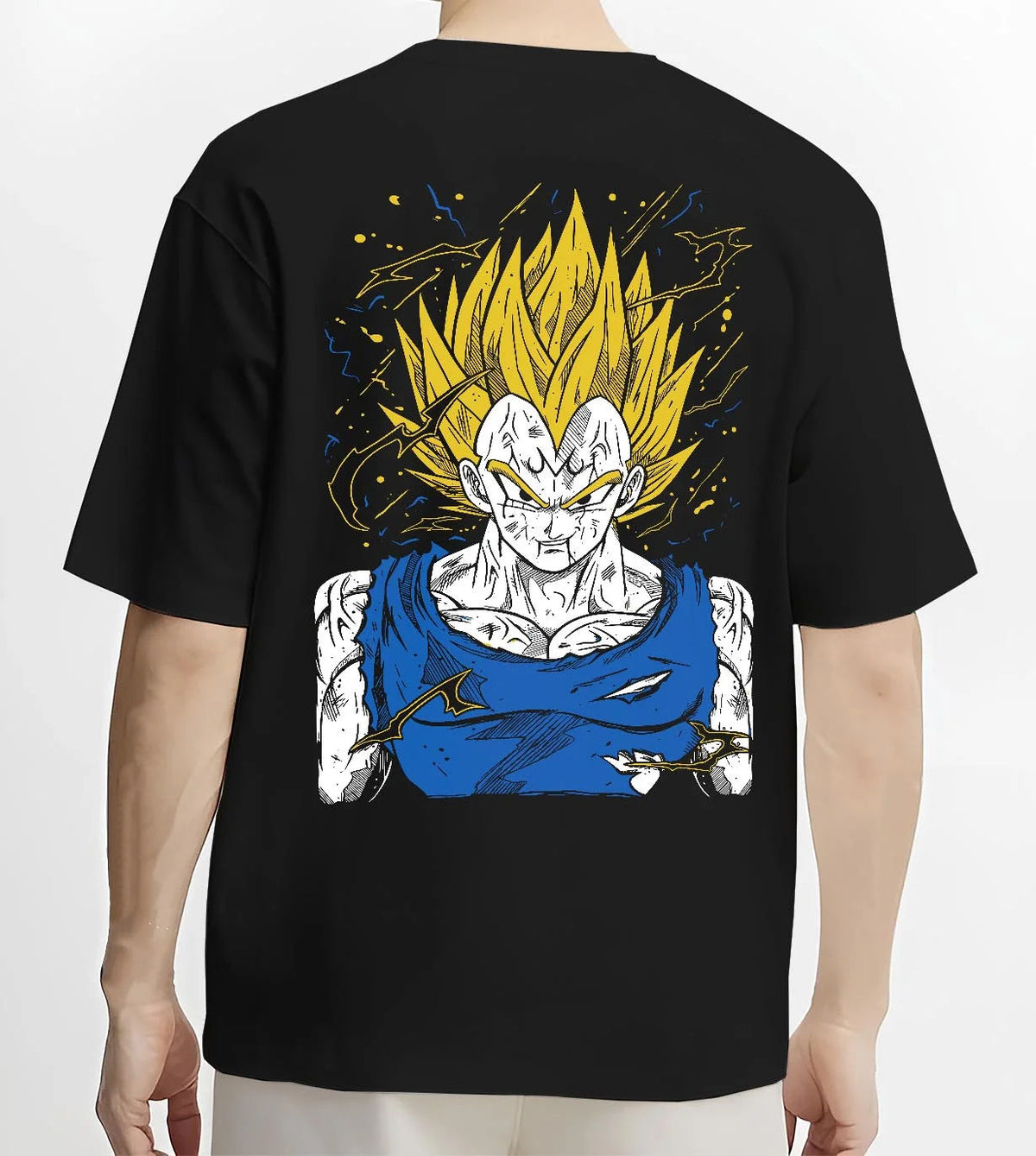Black T-shirt worn by male model from the back featuring Majin Vegeta battle-worn Saiyan Dragon Ball Z artwork.