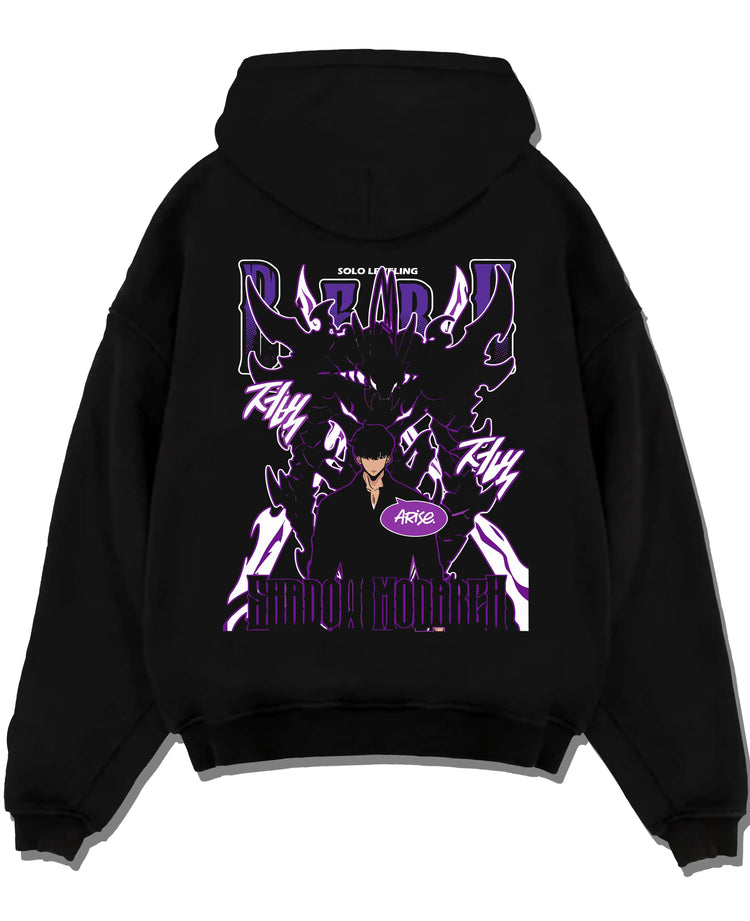 Black hoodie laid flat featuring Sung Jin-Woo Shadow Monarch purple aura Solo Leveling artwork.