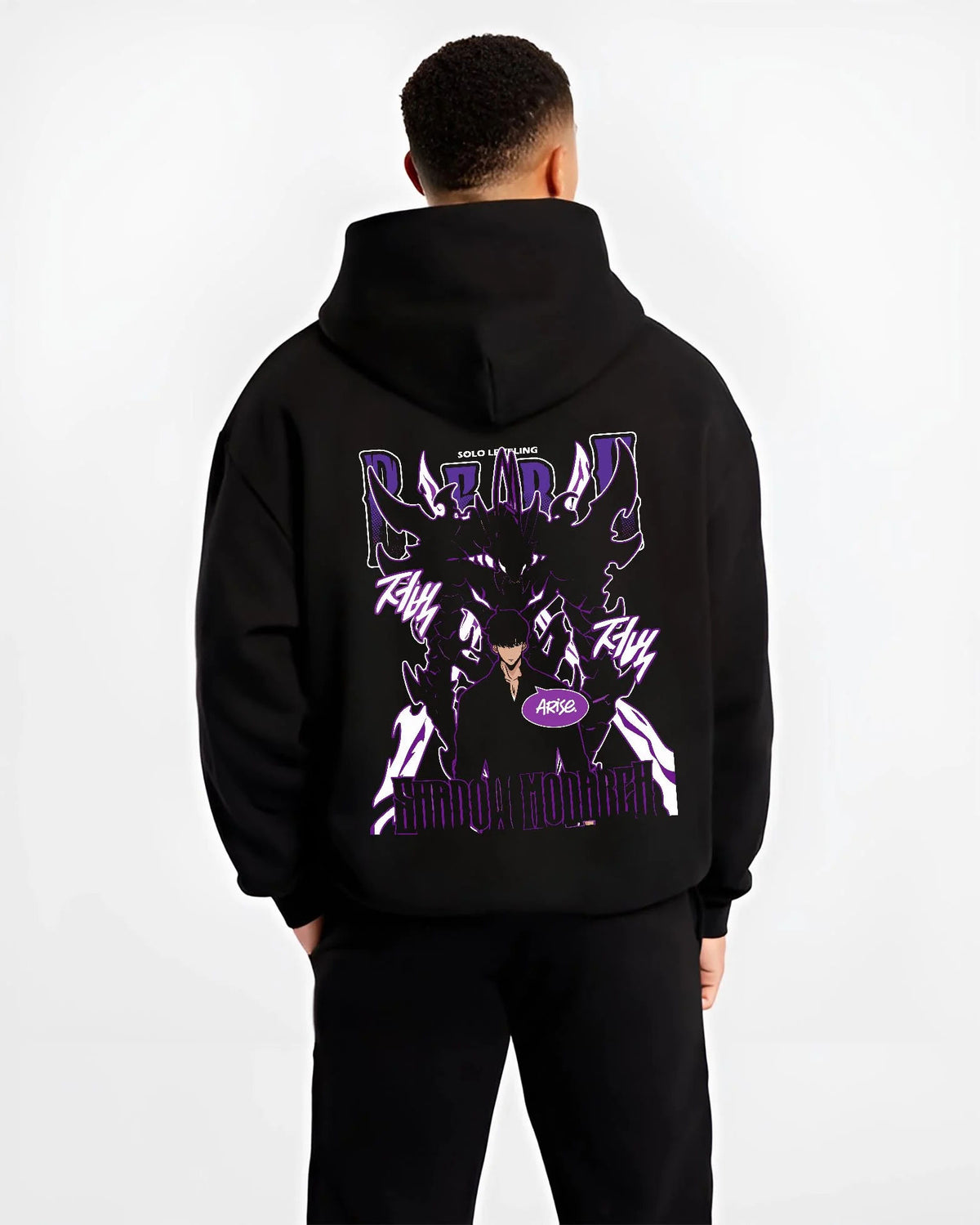 Black hoodie worn by male model from the back featuring Sung Jin-Woo Shadow Monarch purple aura Solo Leveling artwork.