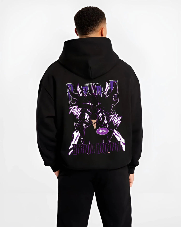Black hoodie worn by male model from the back featuring Sung Jin-Woo Shadow Monarch purple aura Solo Leveling artwork.