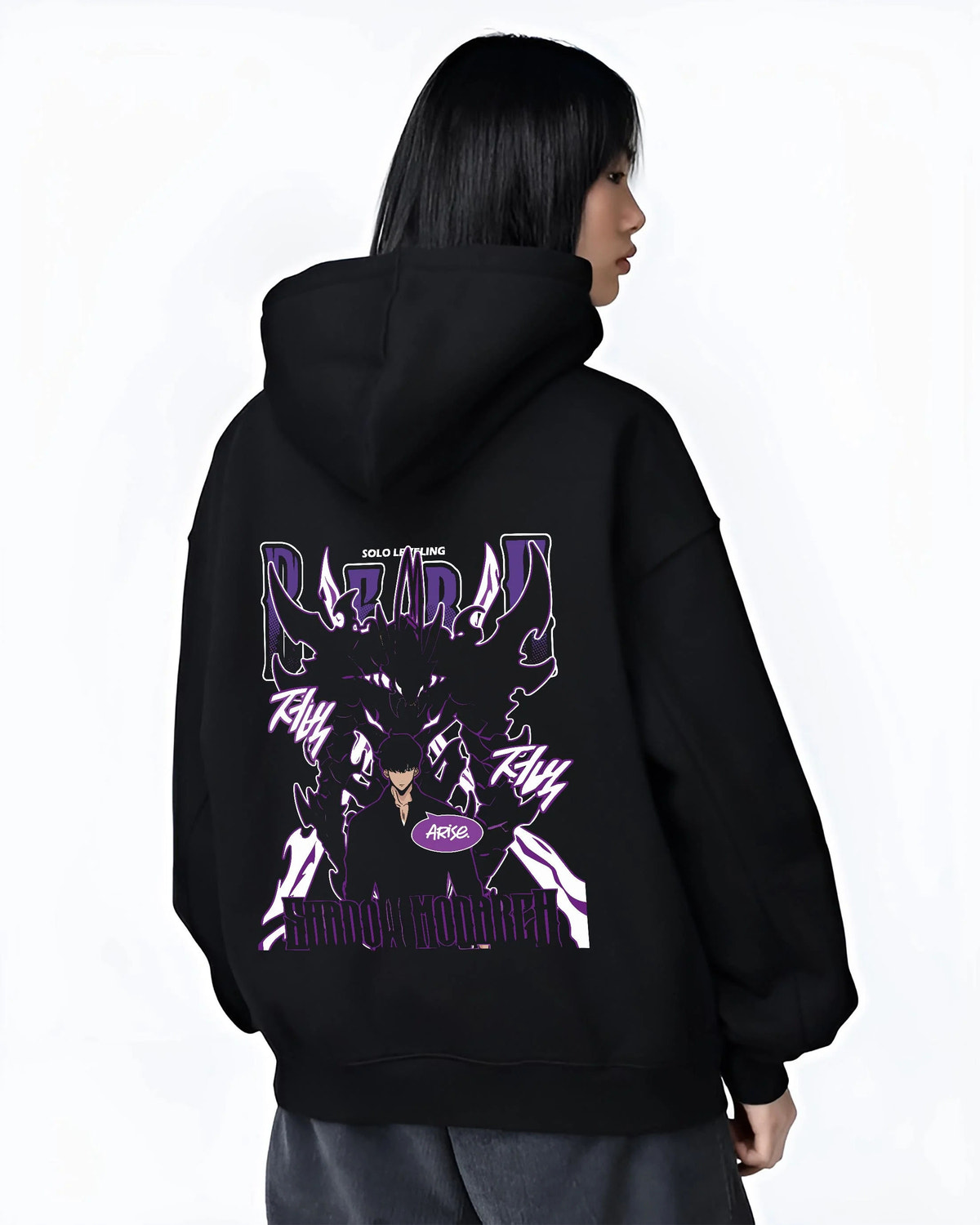 Black hoodie worn by female model from the back featuring Sung Jin-Woo Shadow Monarch purple aura Solo Leveling artwork.