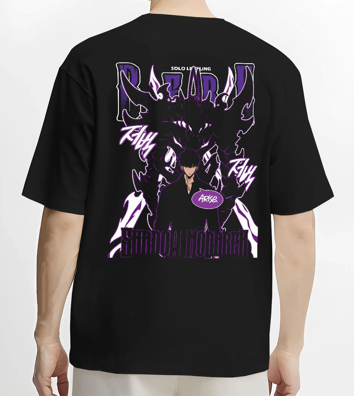 Black T-shirt worn by male model from the back featuring Sung Jin-Woo Shadow Monarch purple aura Solo Leveling artwork.
