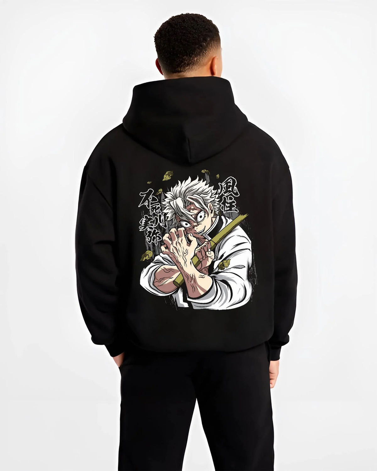Black hoodie worn by male model from the back featuring Sanemi Shinazugawa Wind Hashira Demon Slayer artwork.
