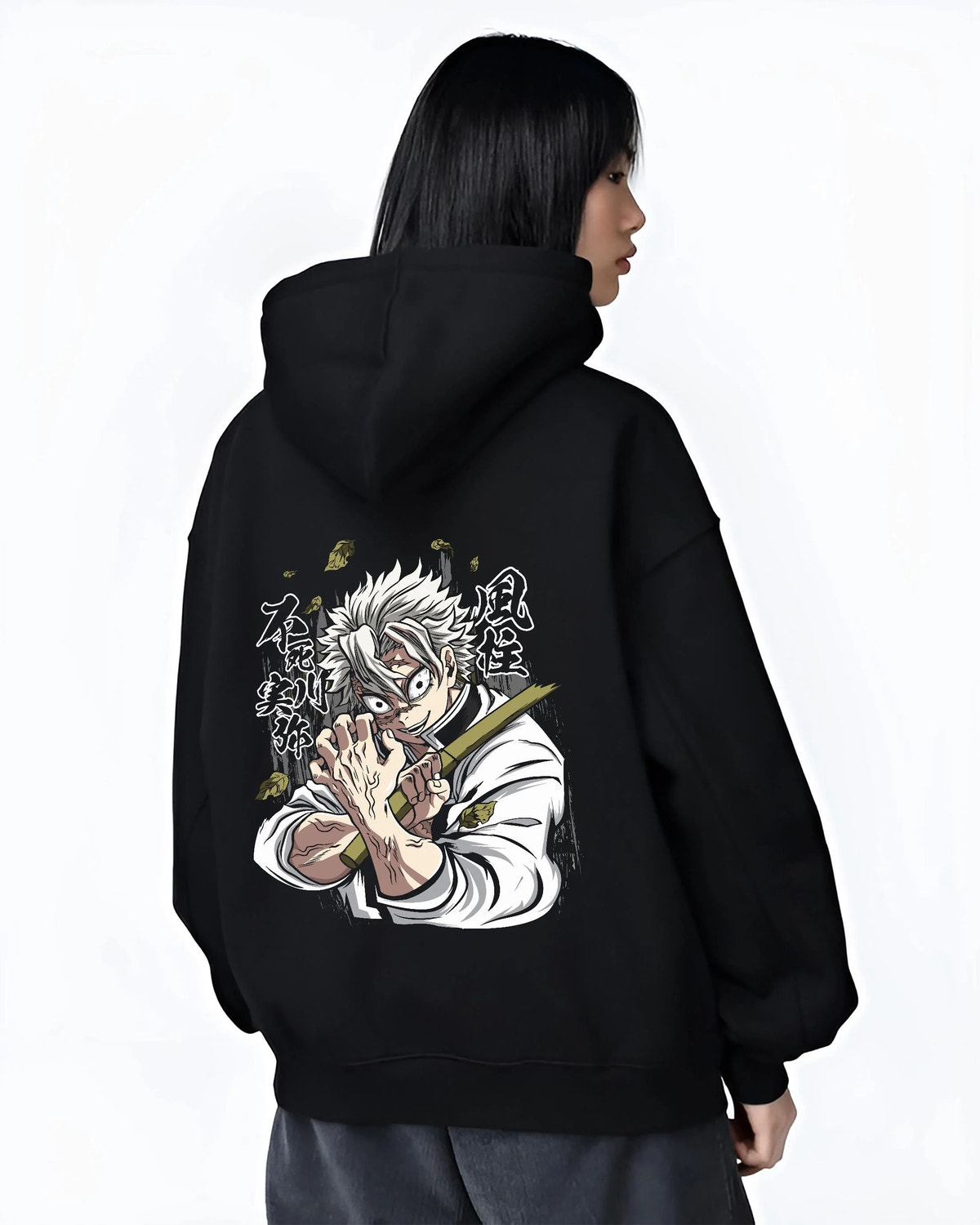 Black hoodie worn by female model from the back featuring Sanemi Shinazugawa Wind Hashira Demon Slayer artwork.
