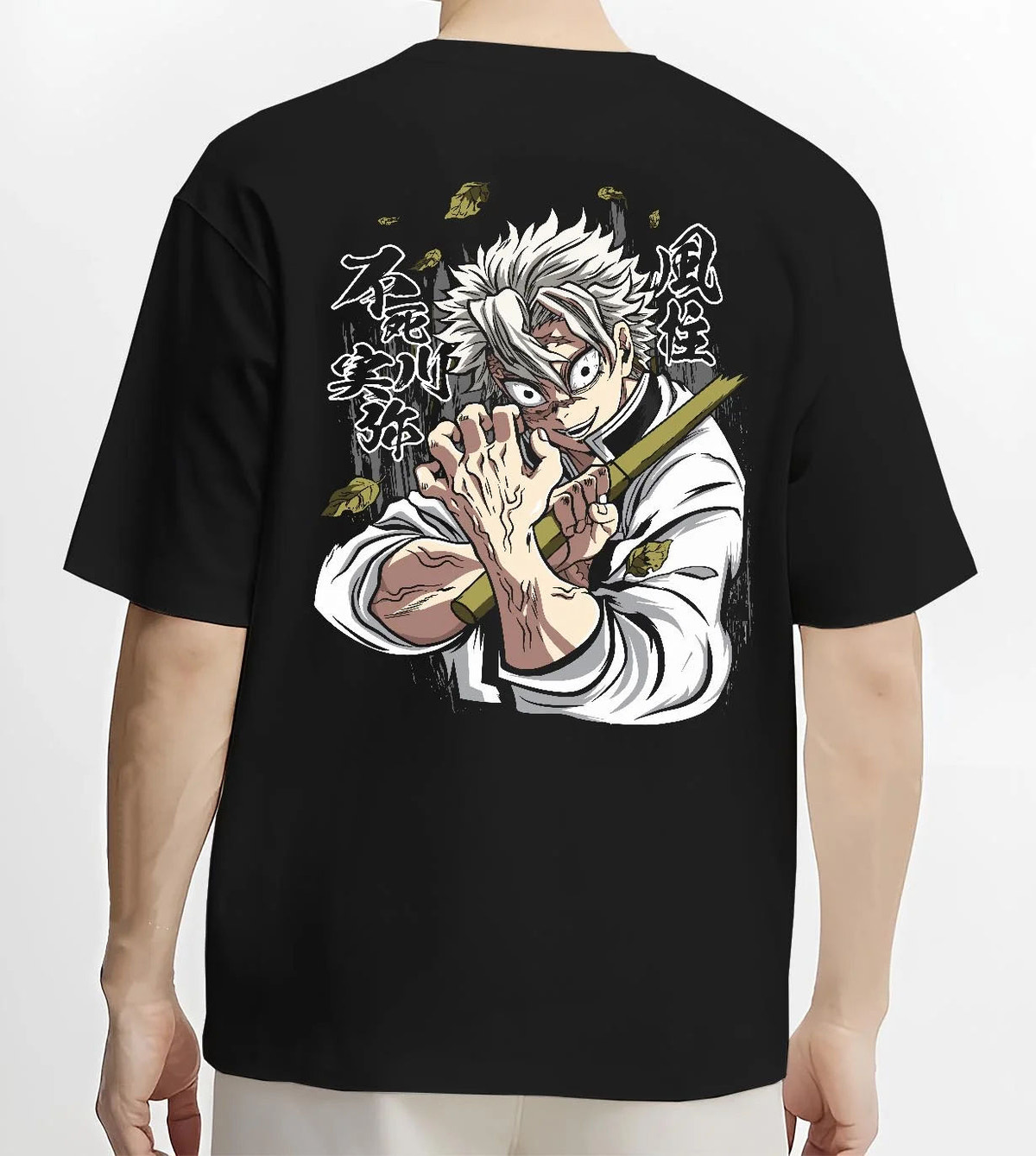 Black T-shirt worn by male model from the back featuring Sanemi Shinazugawa Wind Hashira Demon Slayer artwork.